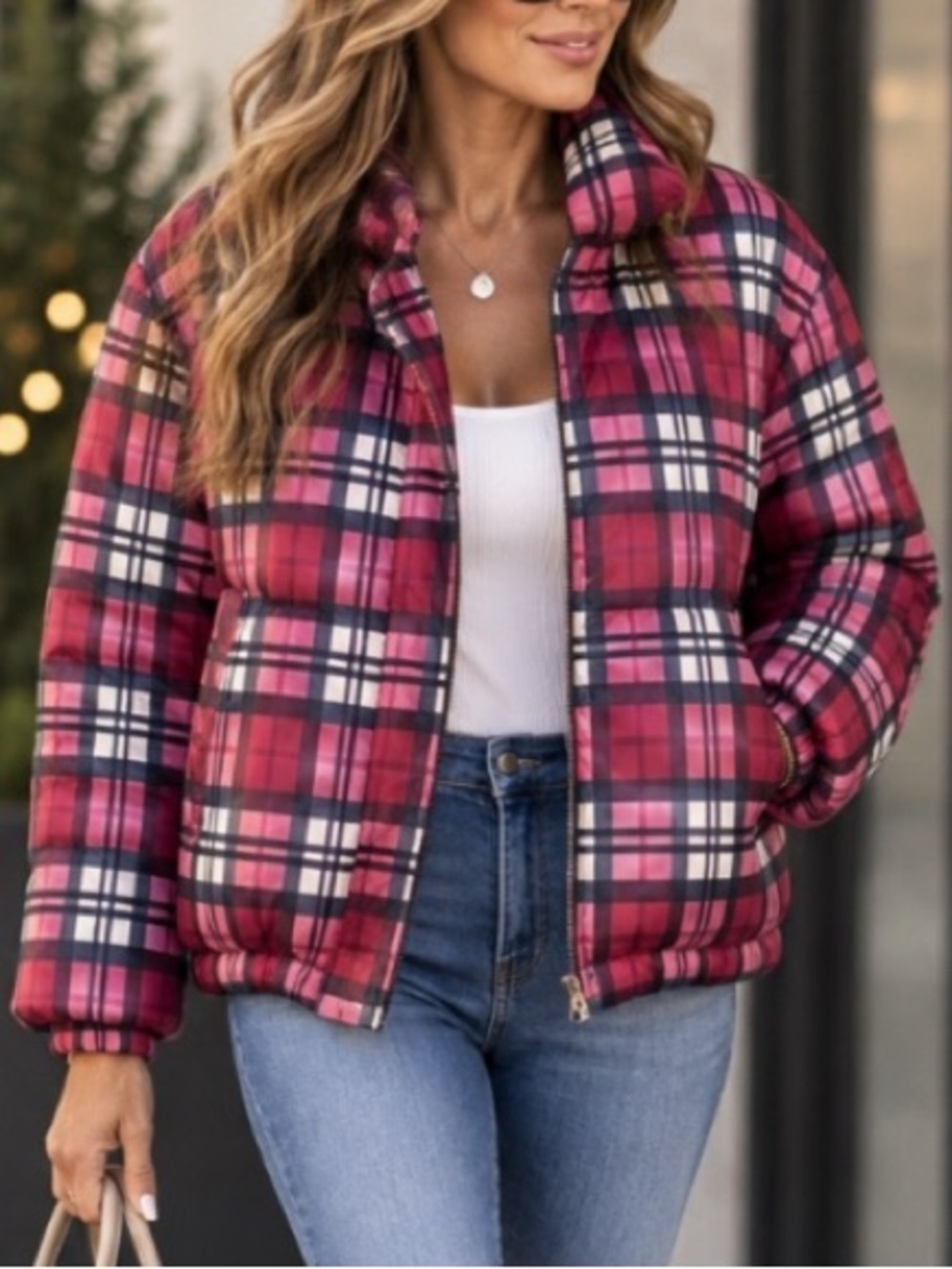 LL Bean Reversible Plaid Puffer Jacket Sz L